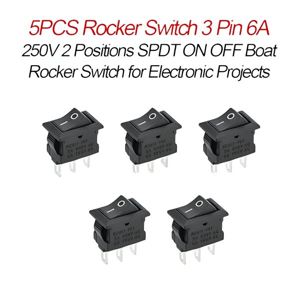 5Pcs- 6A BLACK Color MICRO Rocker Switch 3 Pin 6A 250V 2 Positions SPDT ON OFF Boat Rocker Switches Power Rocker Switches Electronic Projects