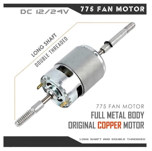 775 12V DC Fan Motor with Long Shaft and Double Threaded Coupler, High Speed, Heavy Duty, Full Metal Body, Original Copper Core Motor.