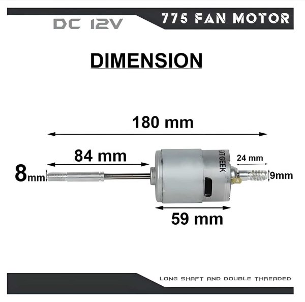 775 12V DC Fan Motor with Long Shaft and Double Threaded Coupler, High Speed, Heavy Duty, Full Metal Body, Original Copper Core Motor. - Image 3